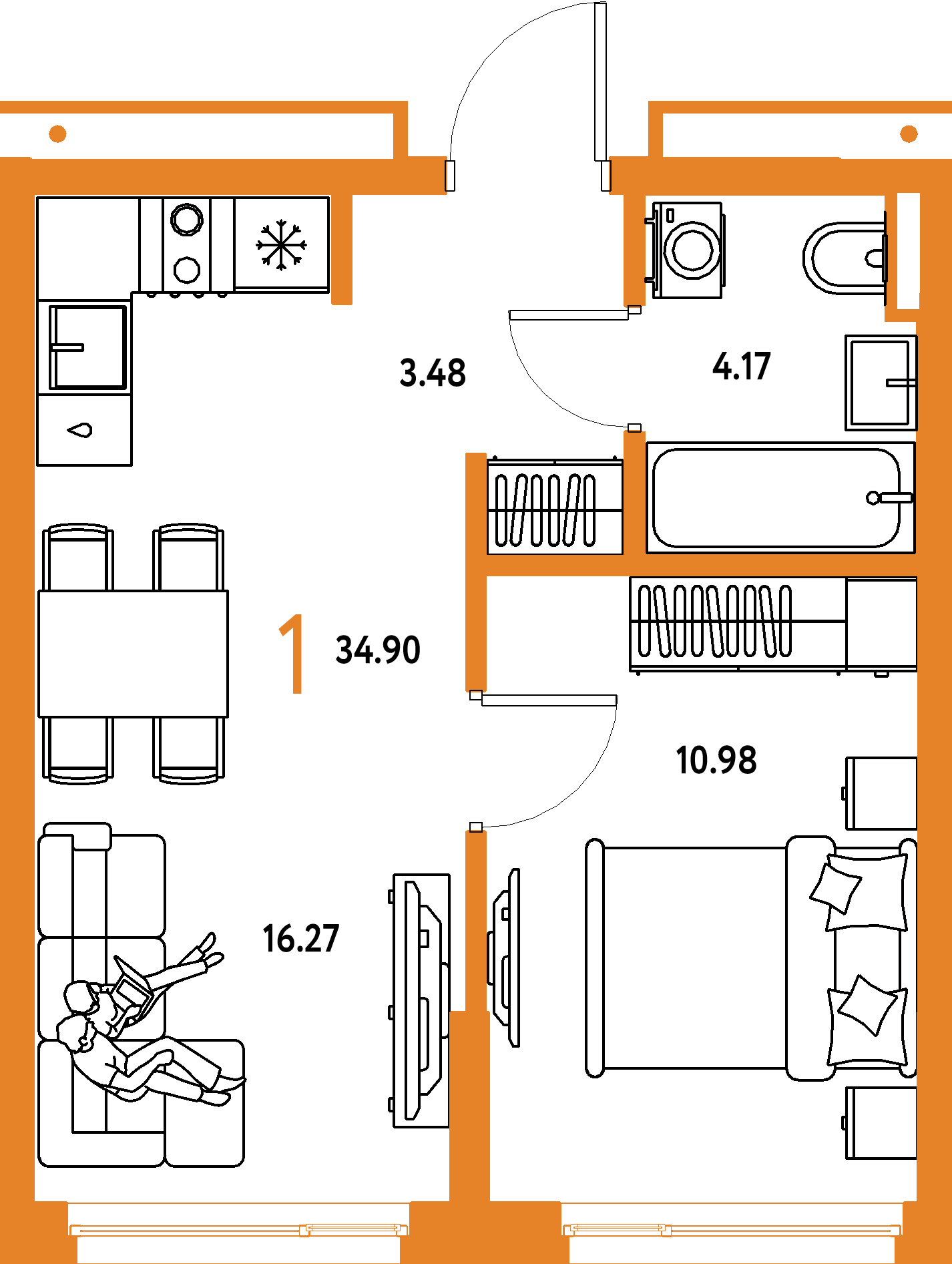 Планировка: 1-комнатная 34,9 м² в ЖК «Страна.Прибрежная»