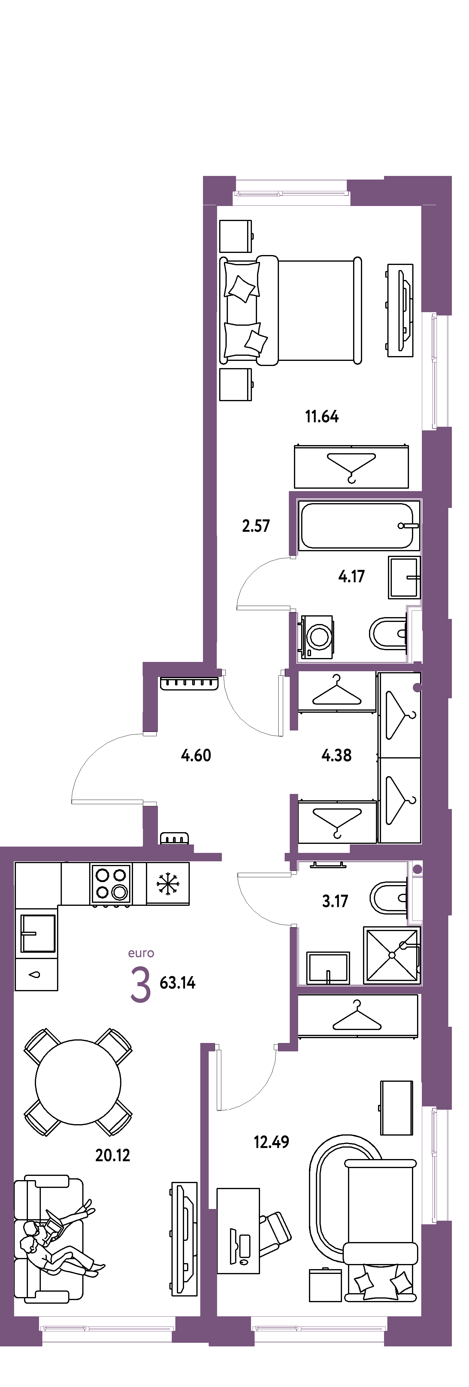 Планировка: Евротрёшка 63,14 м² в ЖК «Европейский берег 2.0»