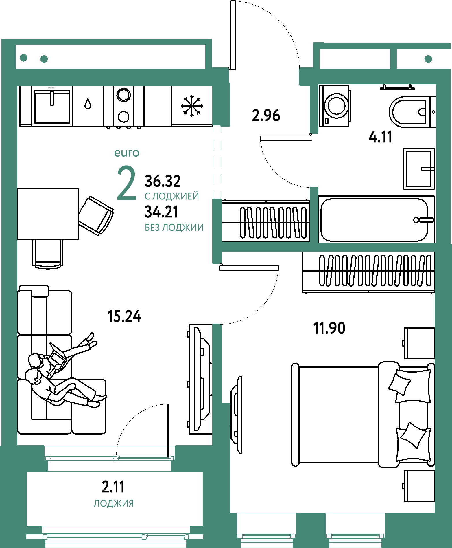 Планировка: Евродвушка 36,32 м² в ЖК «Домашний»