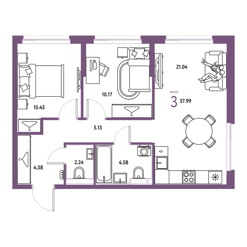 Планировка: Евротрёшка 57,99 м²