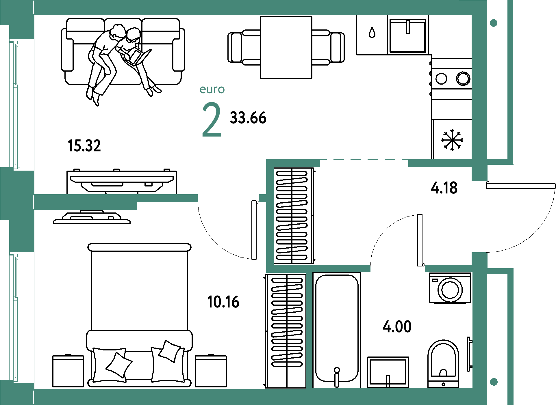 Планировка: Евродвушка 33,66 м² в ЖК «Домашний»