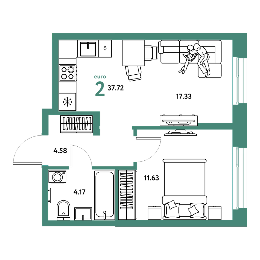 Планировка: Евродвушка 37,72 м²