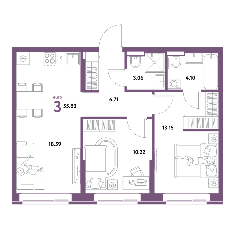 Планировка: Евротрёшка 55,83 м²