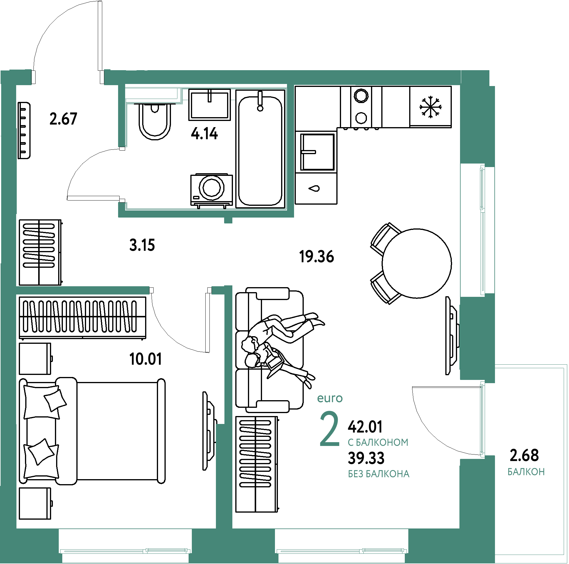Планировка: Евродвушка 42,01 м² в ЖК «Домашний»