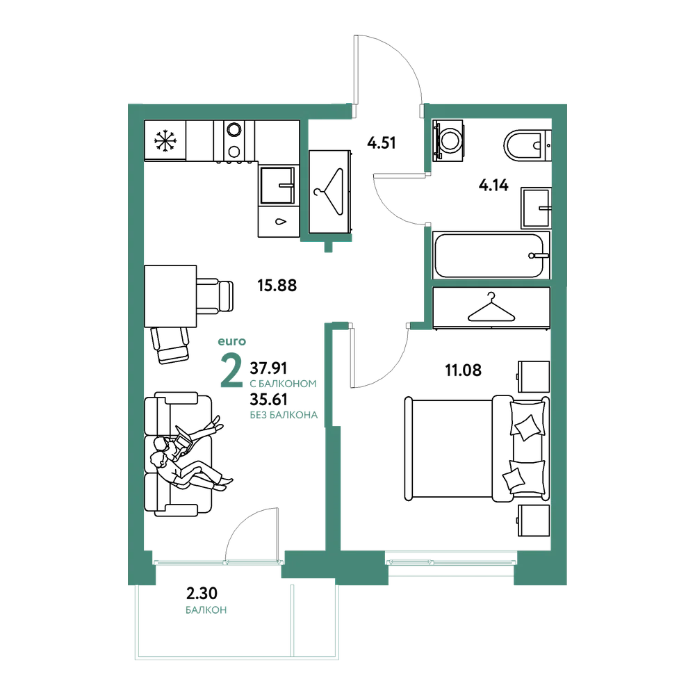 Планировка: Евродвушка 37,91 м²