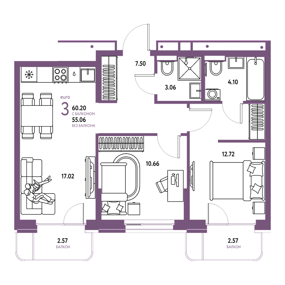 Планировка: Евротрёшка 60,2 м²