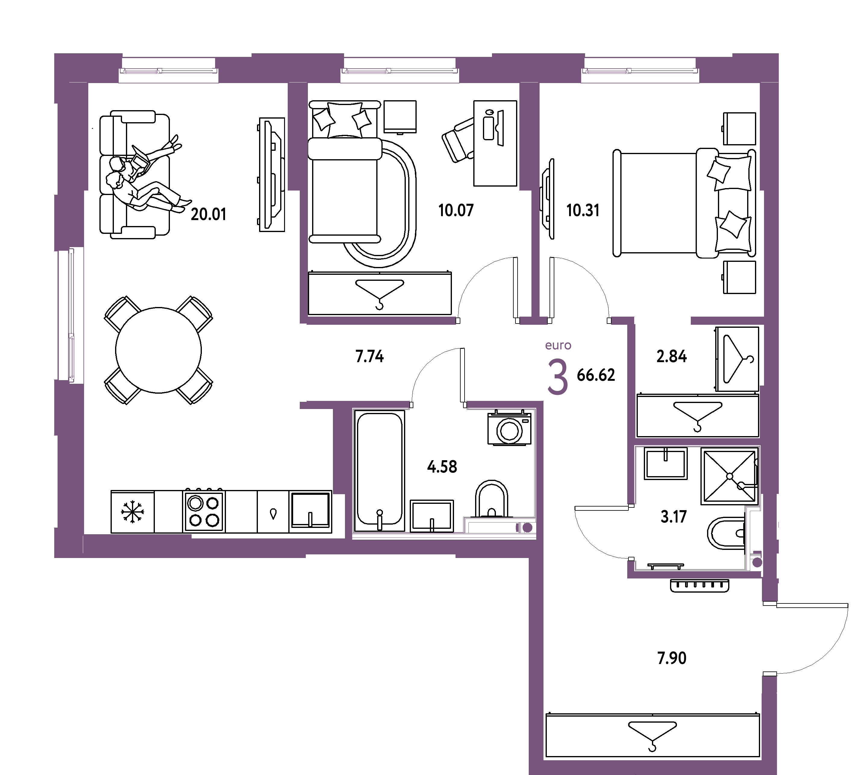 Планировка: Евротрёшка 66,62 м² в ЖК «Европейский берег 2.0»
