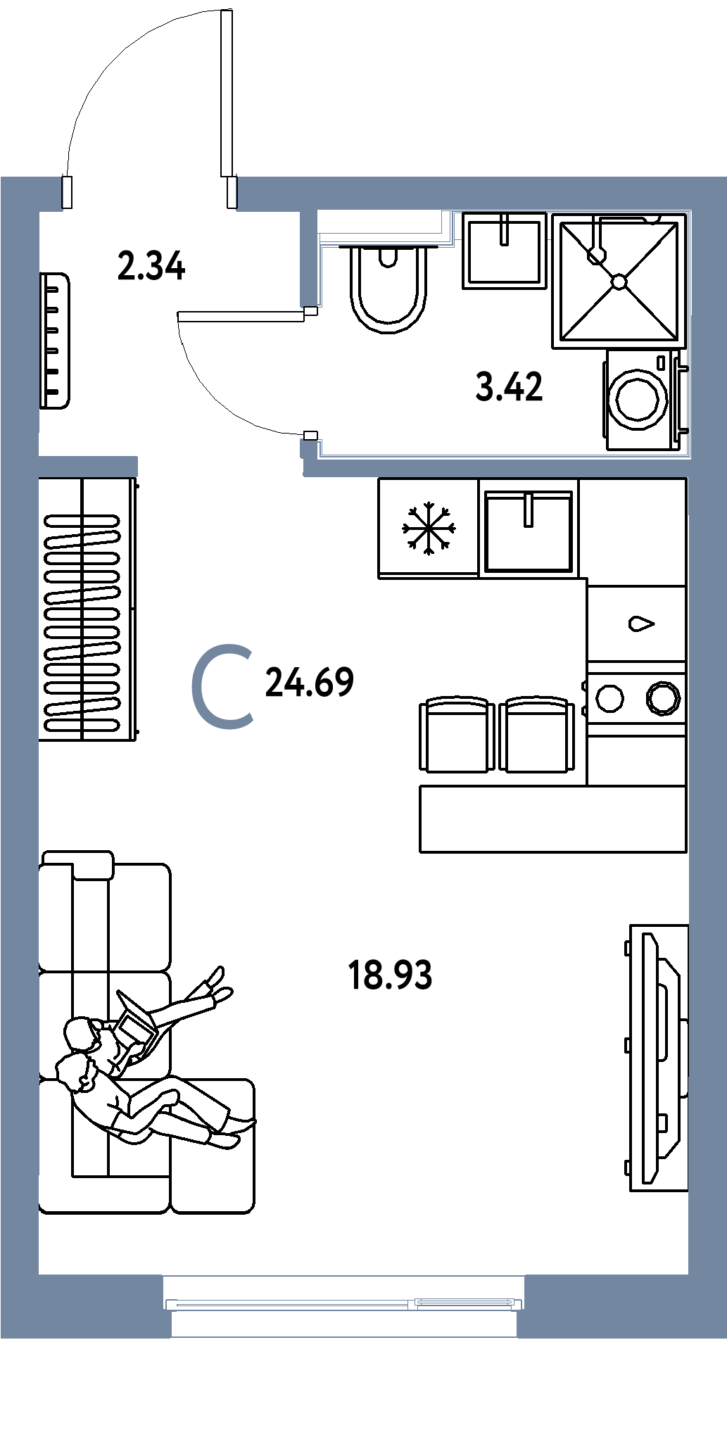 Планировка: Студия 24,69 м² в ЖК «Сердце Сибири»