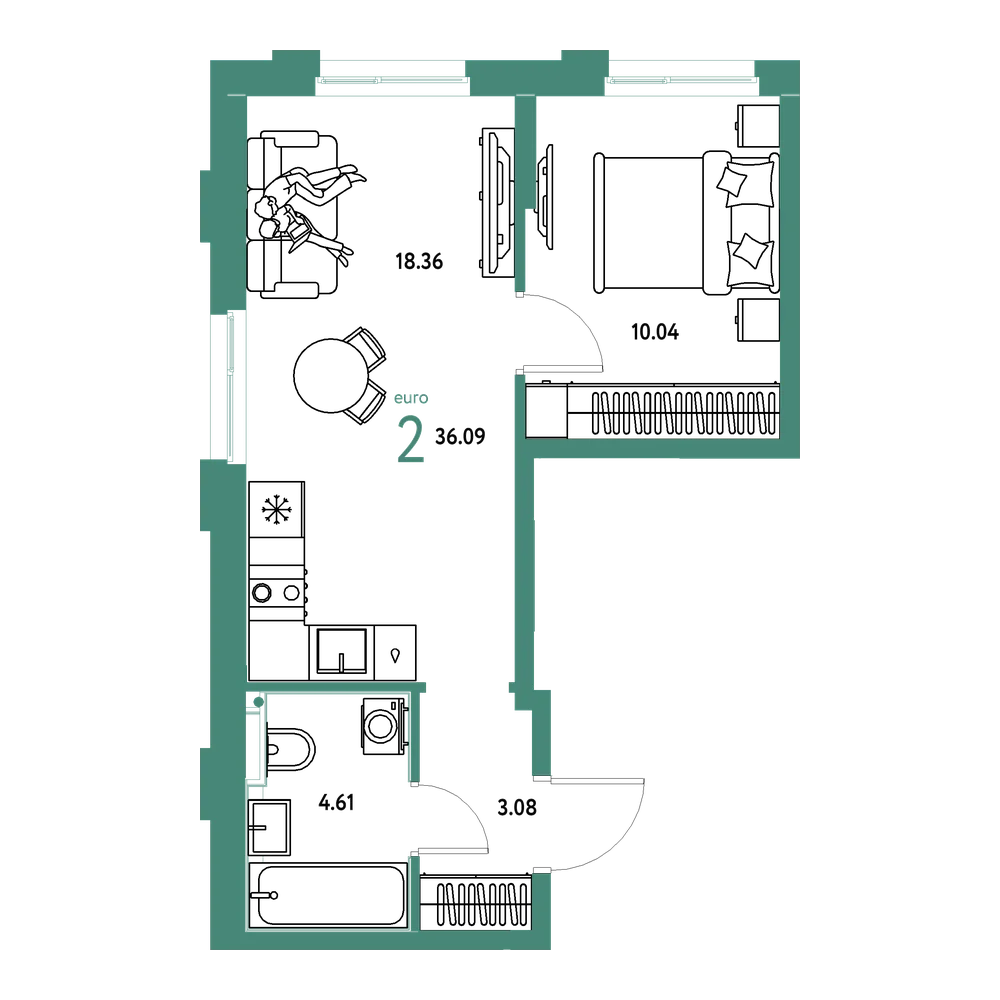 Планировка: Евродвушка 36,09 м²
