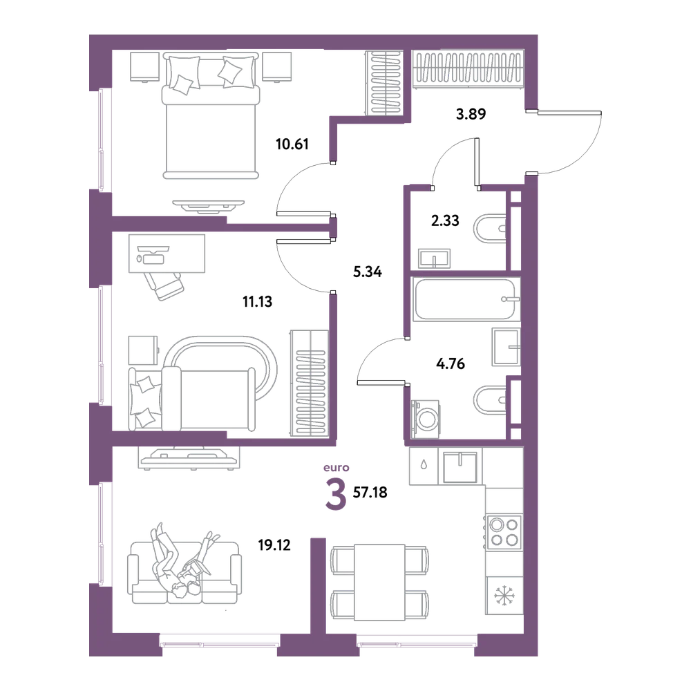 Планировка: Евротрёшка 57,18 м²