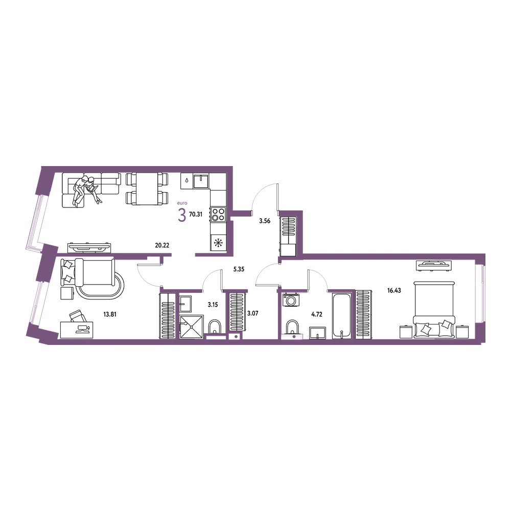 Планировка: Евротрёшка 70,31 м²