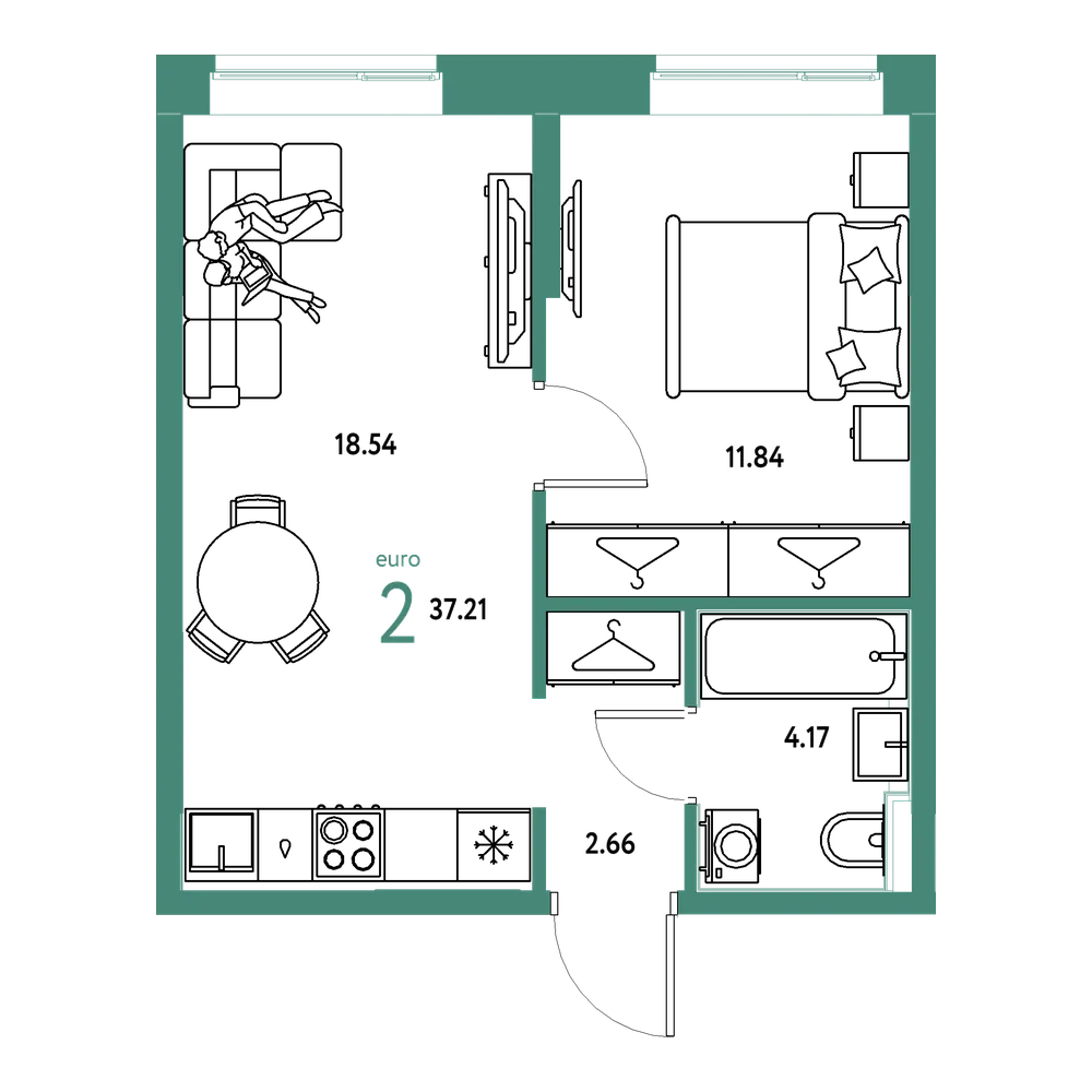 Планировка: Евродвушка 37,21 м²