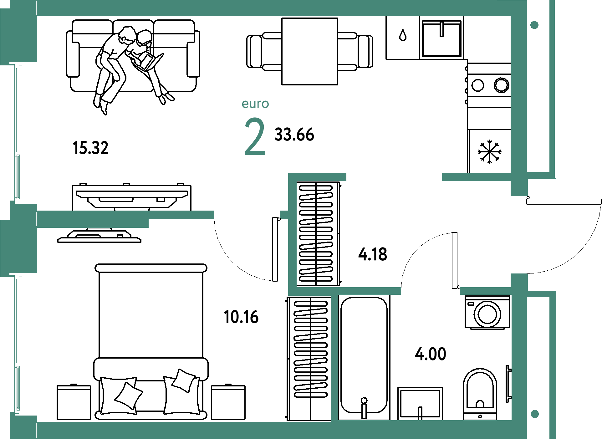 Планировка: Евродвушка 33,66 м² в ЖК «Домашний»