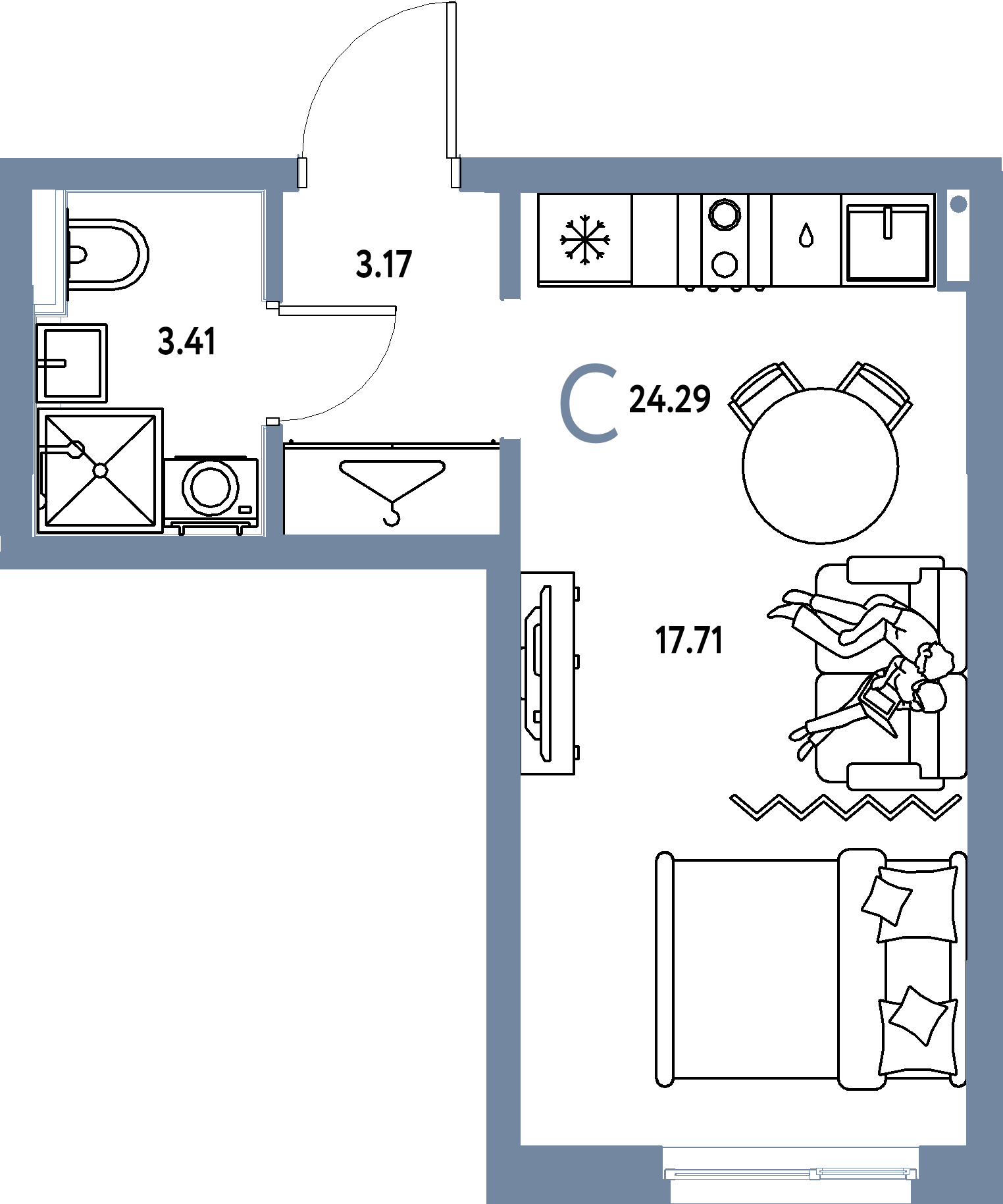 Планировка: Студия 24,29 м² в ЖК «Страна.Прибрежная»