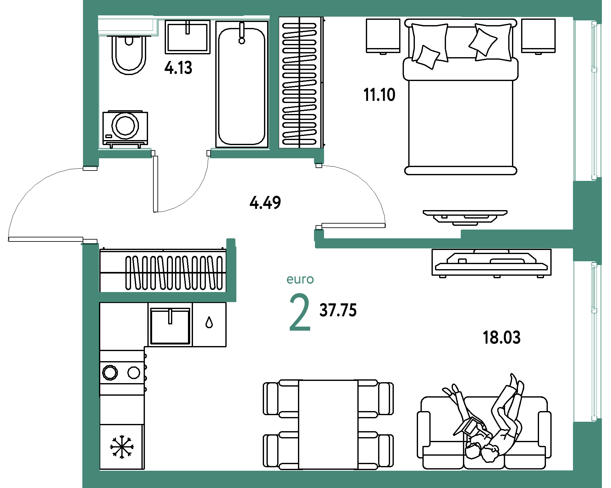 Планировка: Евродвушка 37,75 м² в ЖК «Остров-сад»