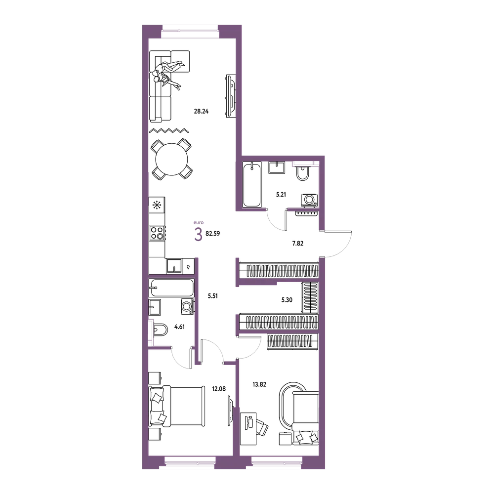 Планировка: Евротрёшка 82,61 м²