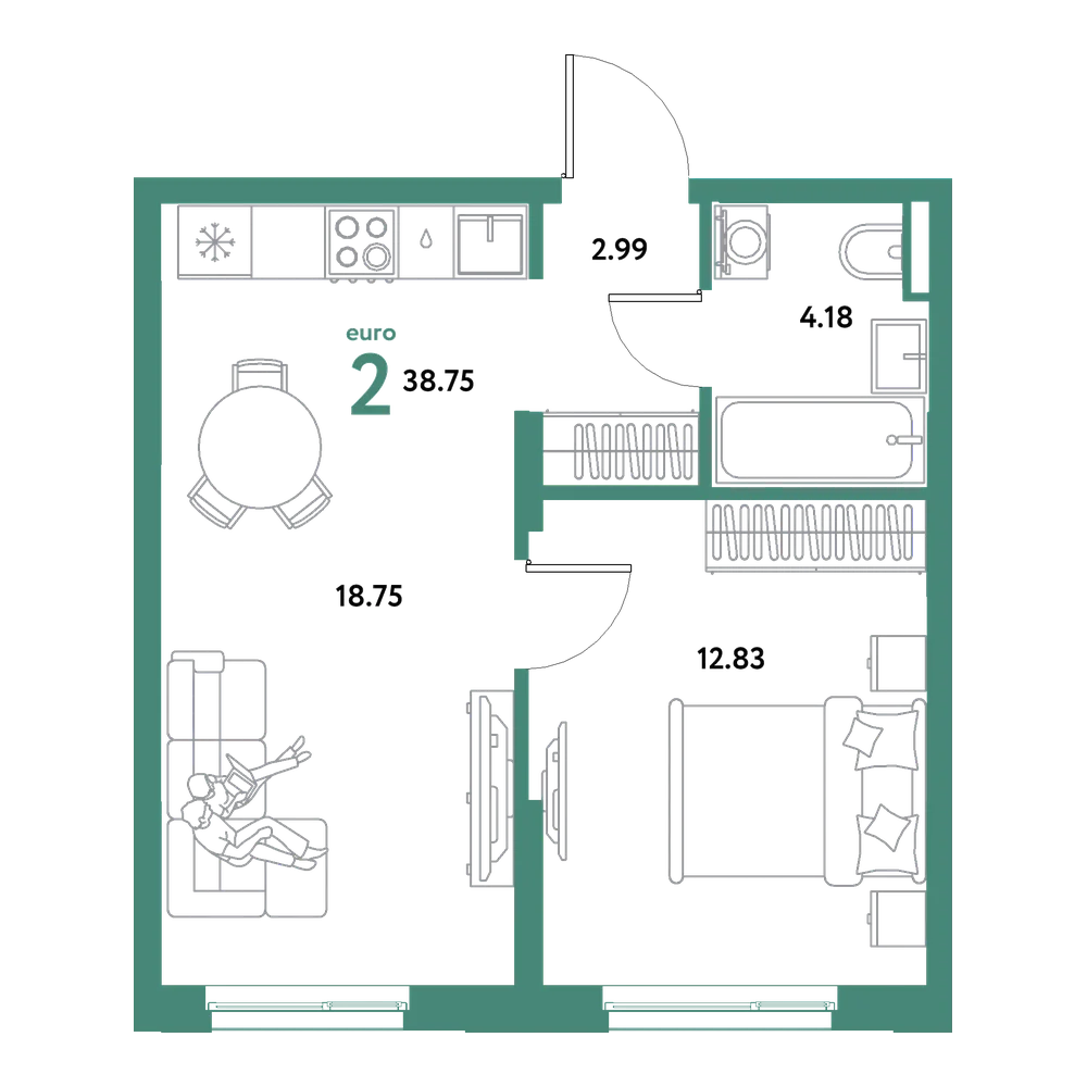 Планировка: Евродвушка 38,75 м²