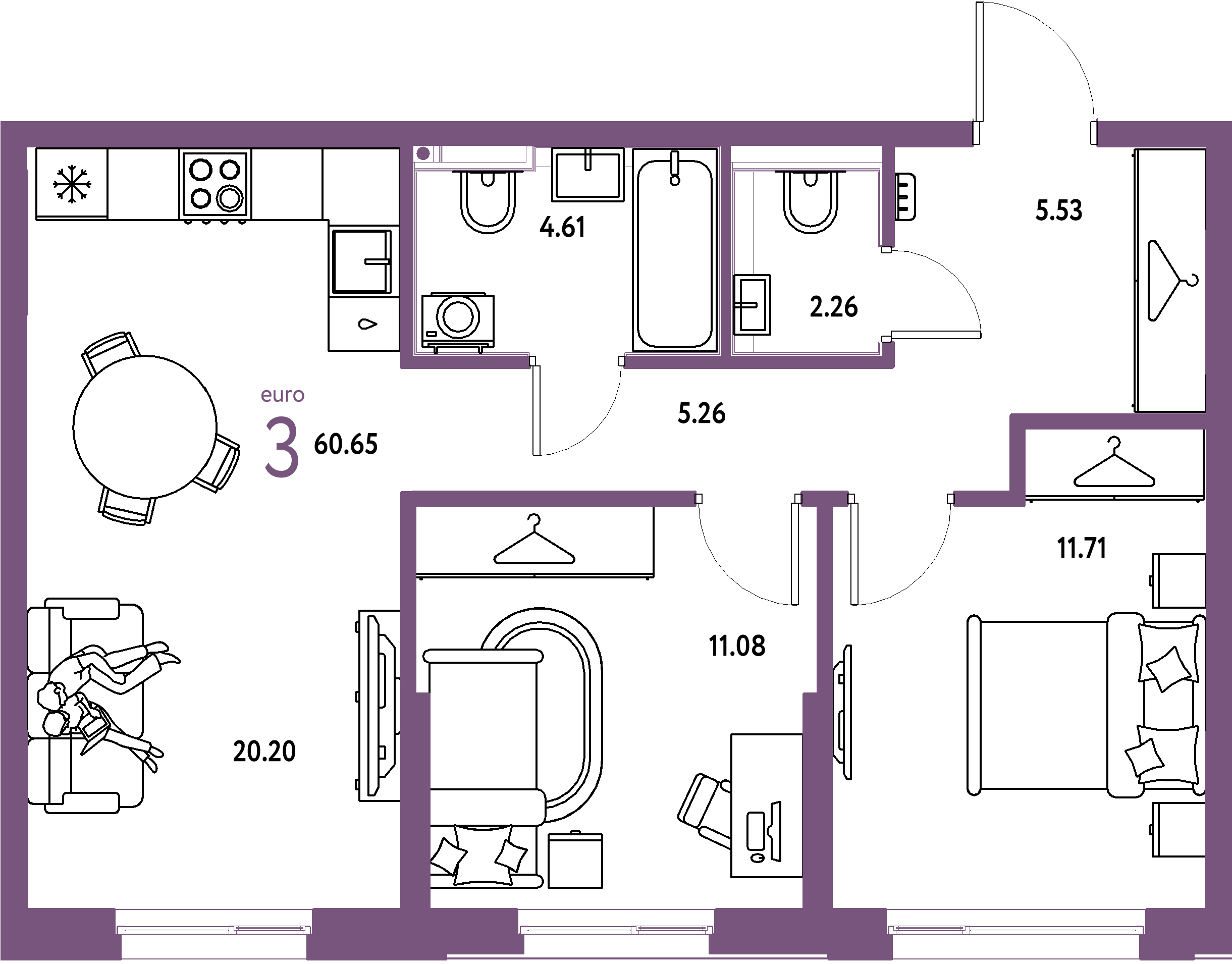 Планировка: Евротрёшка 60,65 м² в ЖК «Страна.Прибрежная»