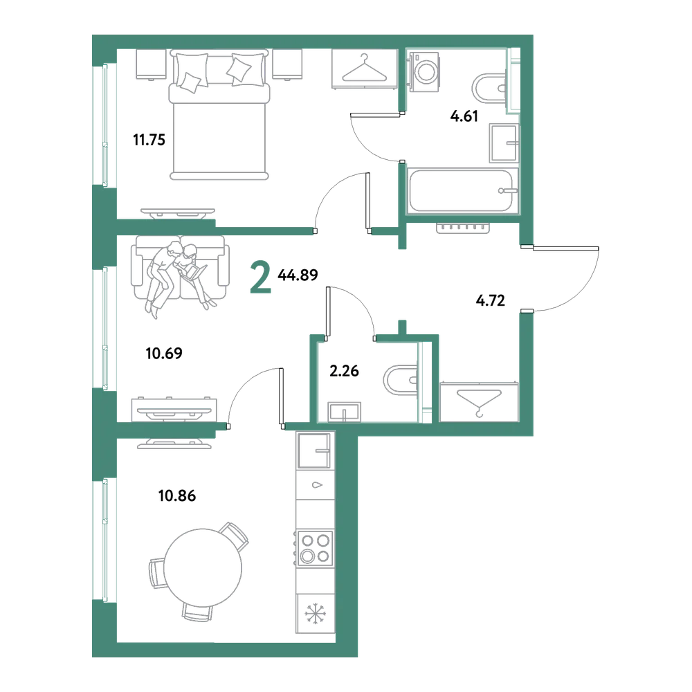 Планировка: 2-комнатная 44,89 м²
