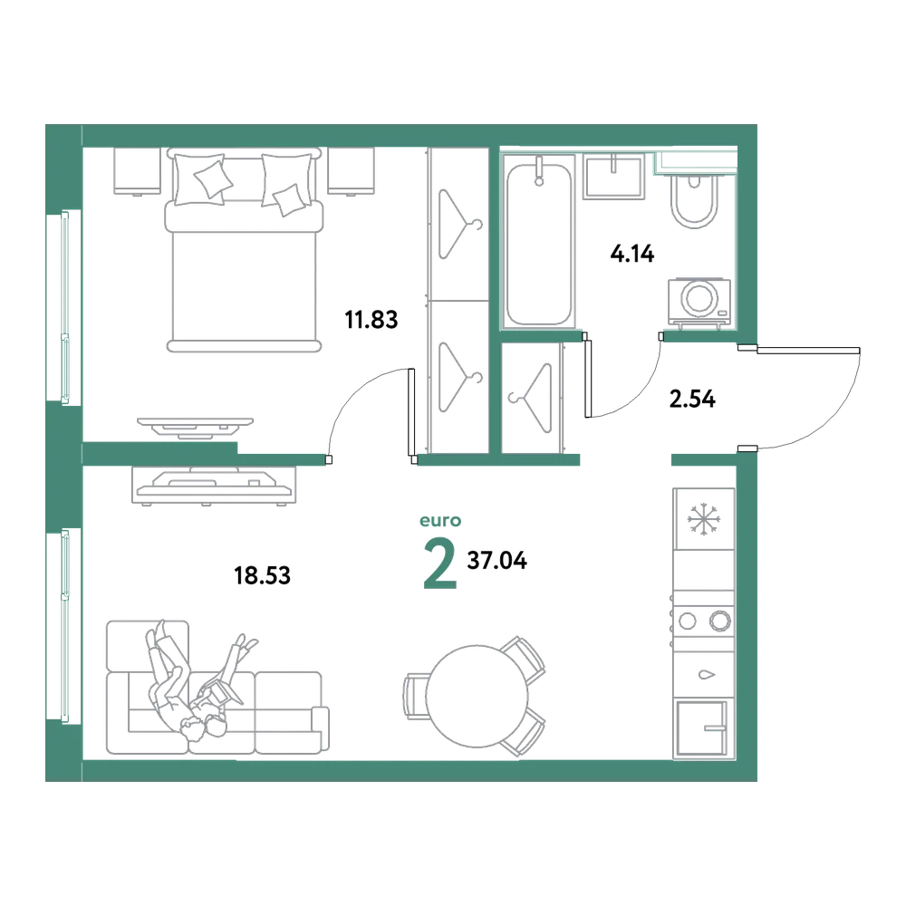 Планировка: Евродвушка 37,04 м²
