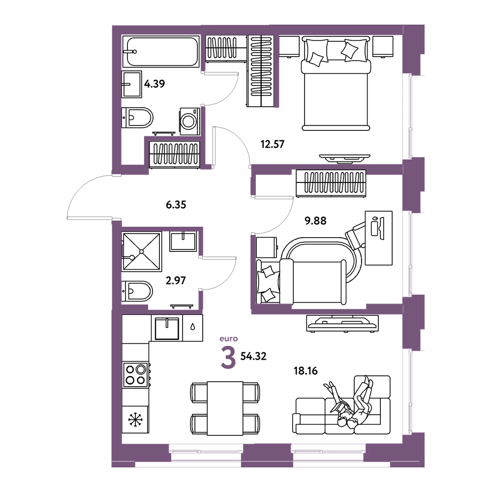 Планировка: Евротрёшка 54,32 м²