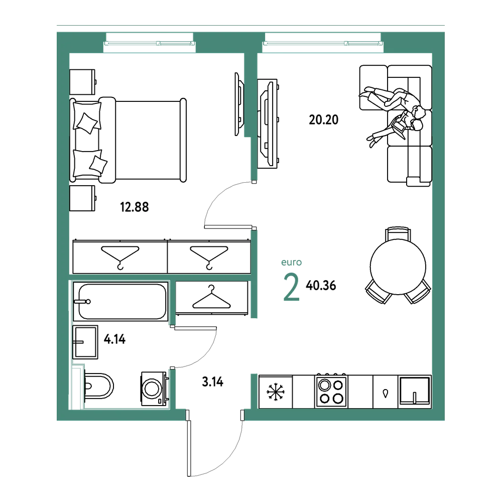 Планировка: Евродвушка 40,36 м²