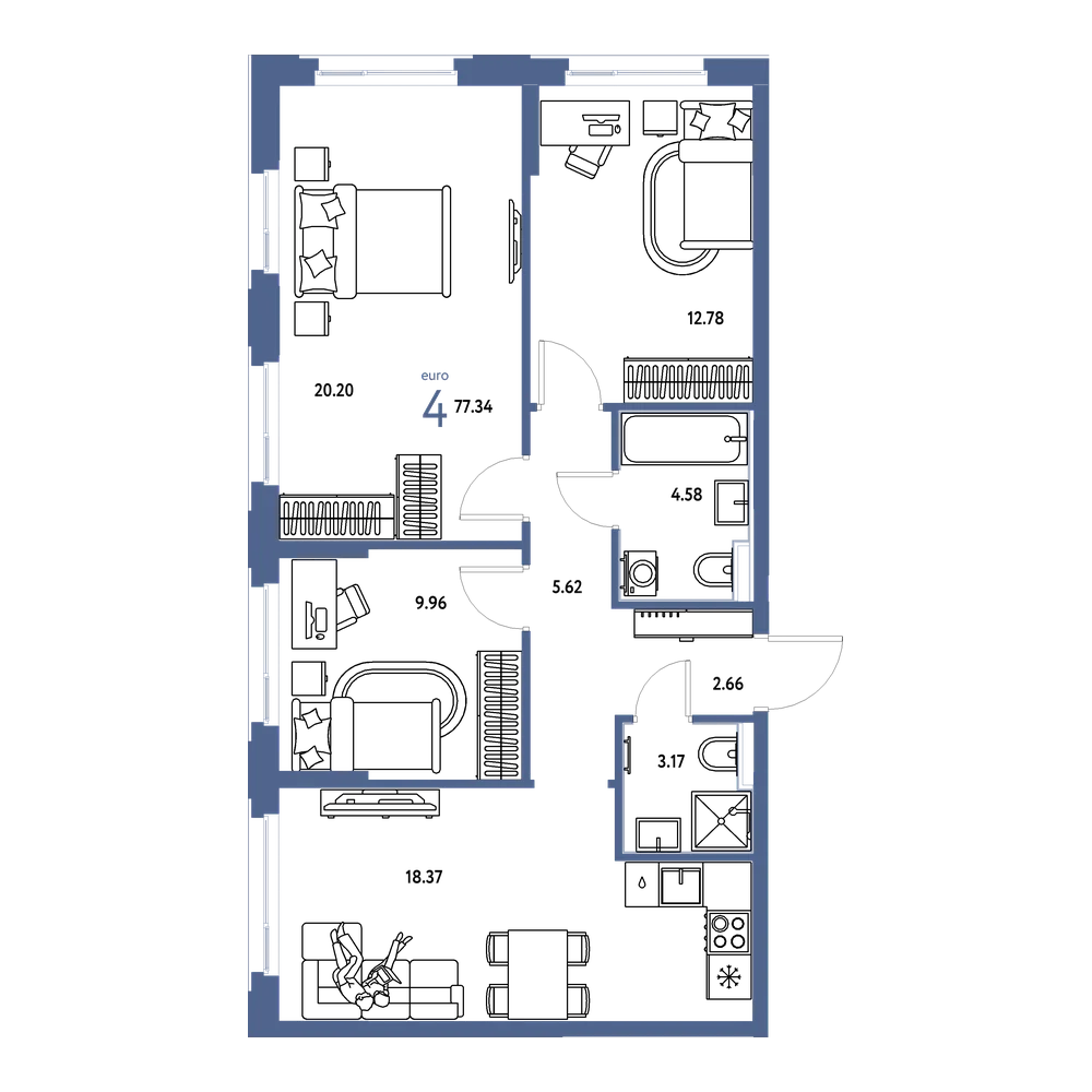 Планировка: Евро-4 77,34 м²