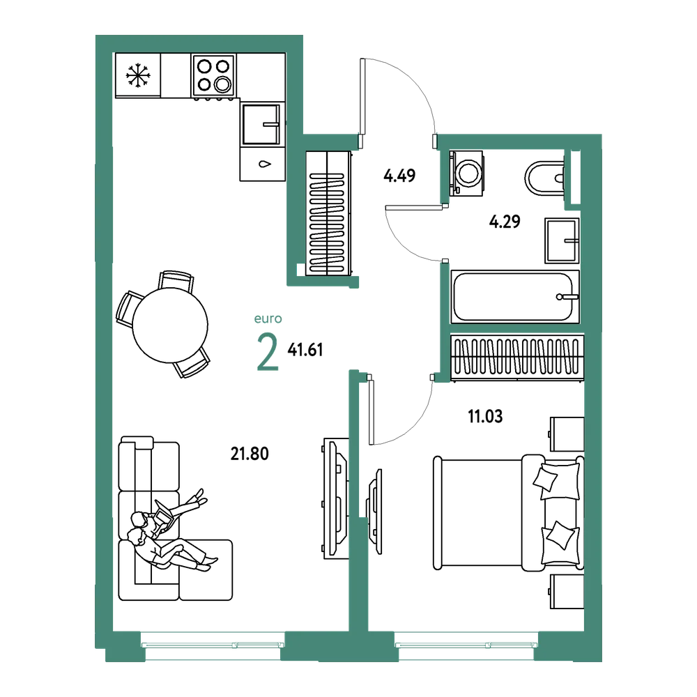 Планировка: Евродвушка 41,61 м²