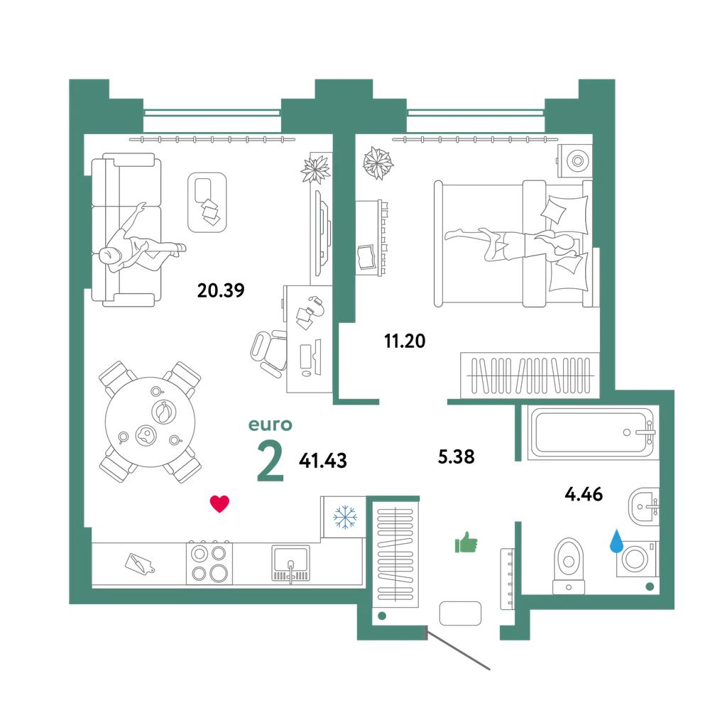 Планировка: Евродвушка 41,75 м²
