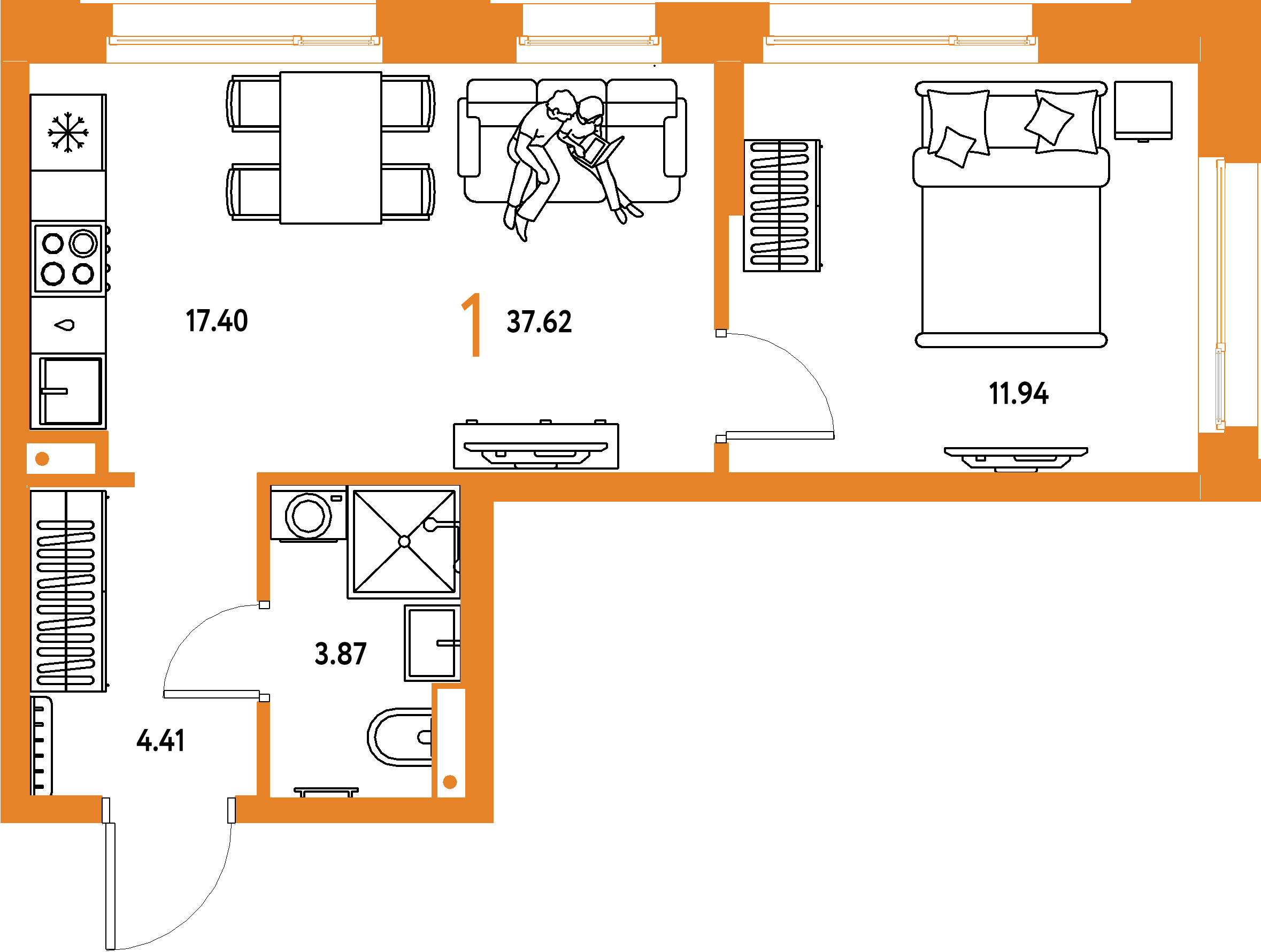 Планировка: 1-комнатная 37,62 м² в ЖК «Авторский»
