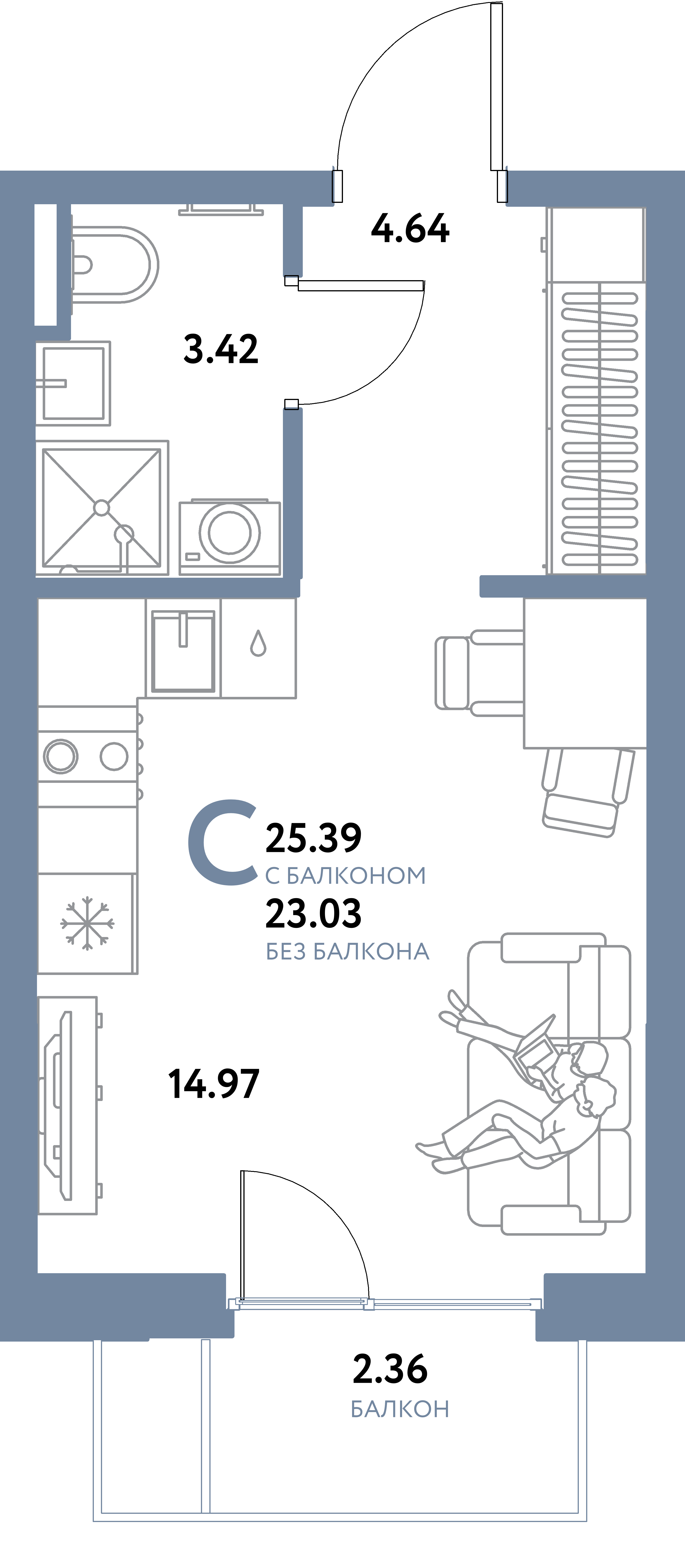 Планировка: Студия 25,39 м² в ЖК «Остров-сад»