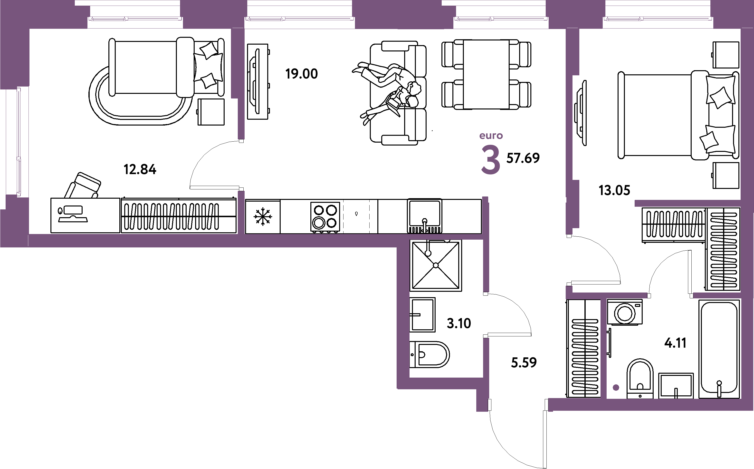 Планировка: Евротрёшка 57,69 м² в ЖК «Европейский берег 2.0»