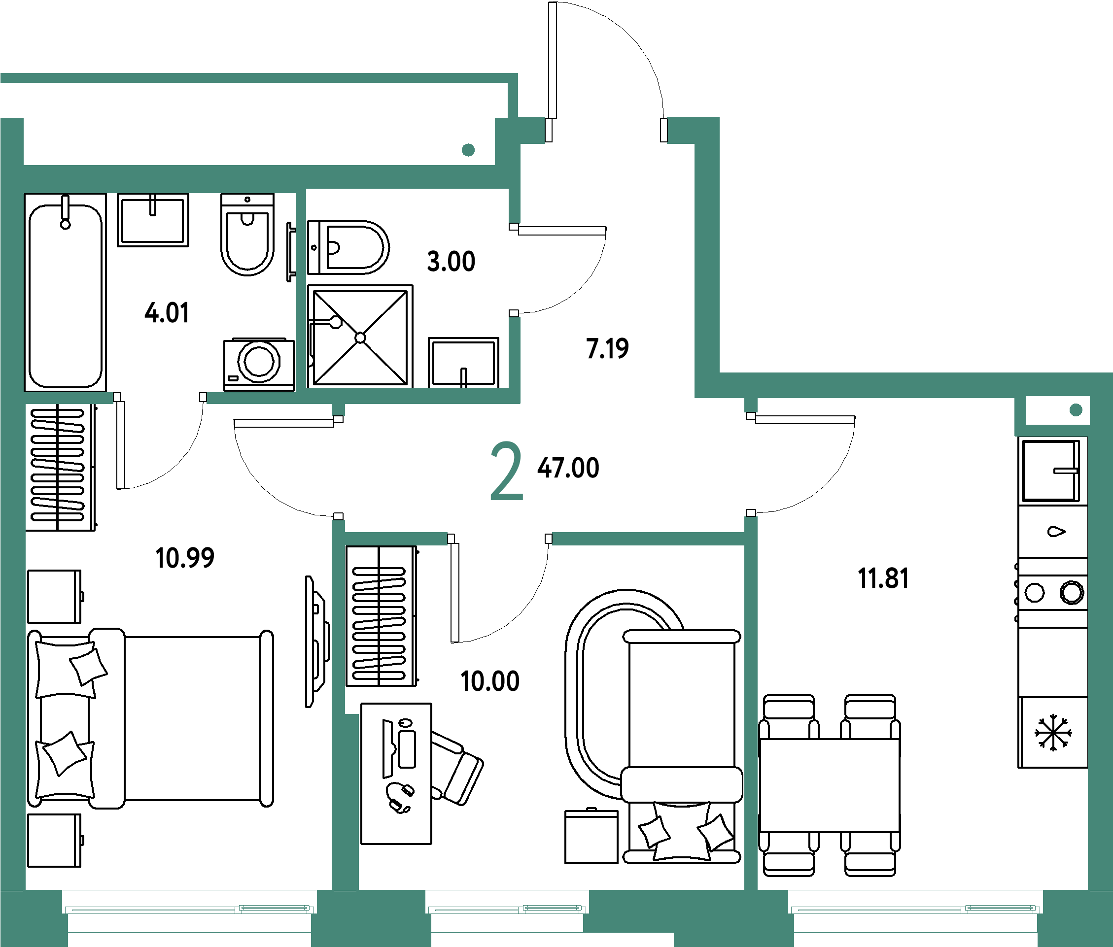 Планировка: 2-комнатная 47 м² в ЖК «Домашний»