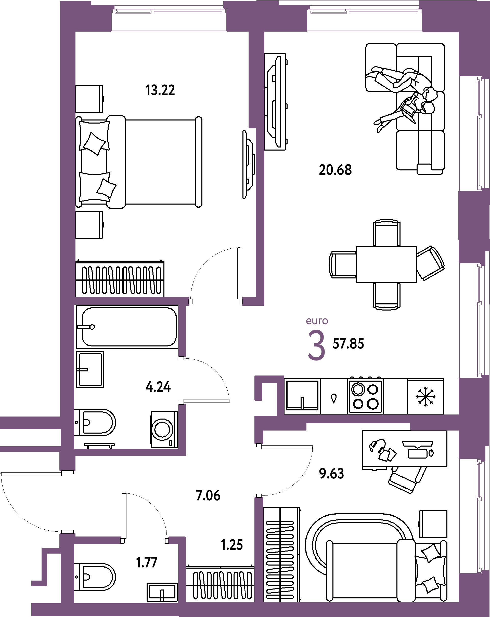 Планировка: Евротрёшка 57,85 м² в ЖК «Домашний»