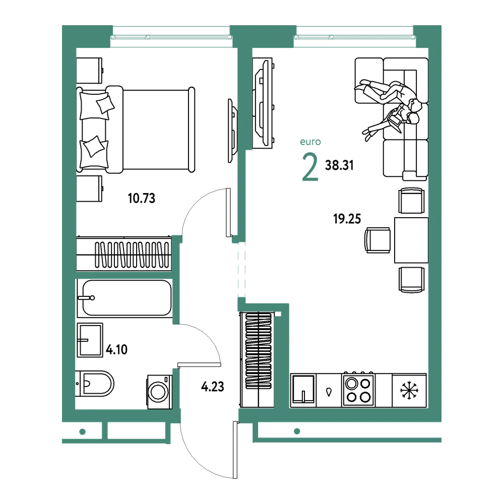 Планировка: Евродвушка 38,31 м²