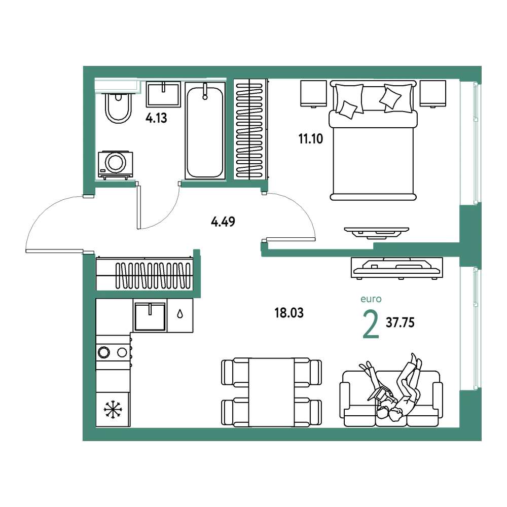 Планировка: Евродвушка 37,75 м²
