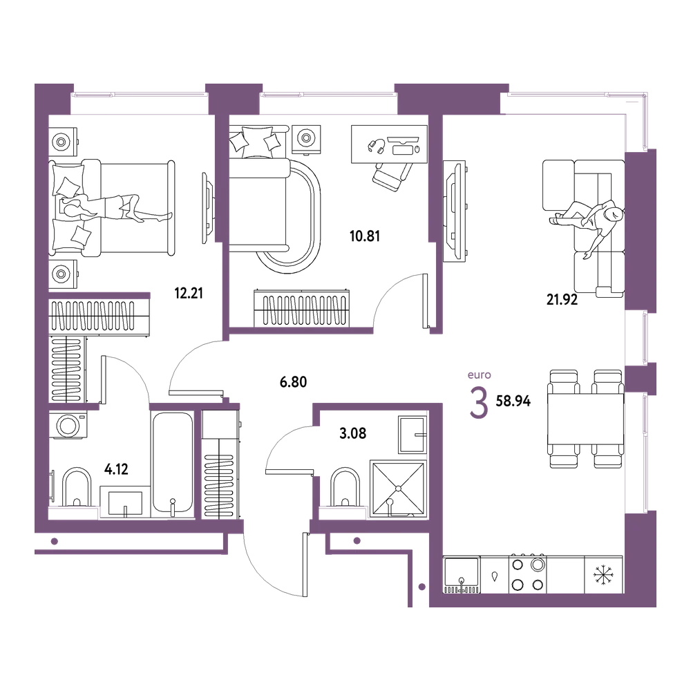 Планировка: Евротрёшка 58,94 м²