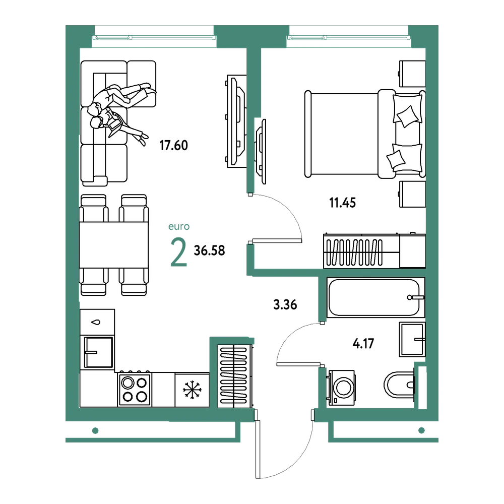 Планировка: Евродвушка 36,58 м²