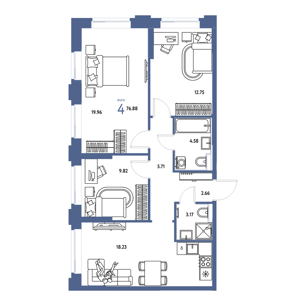 Планировка: Евро-4 76,88 м²