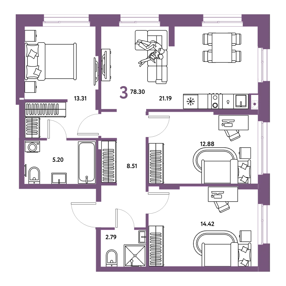Планировка: 3-комнатная 78,3 м²