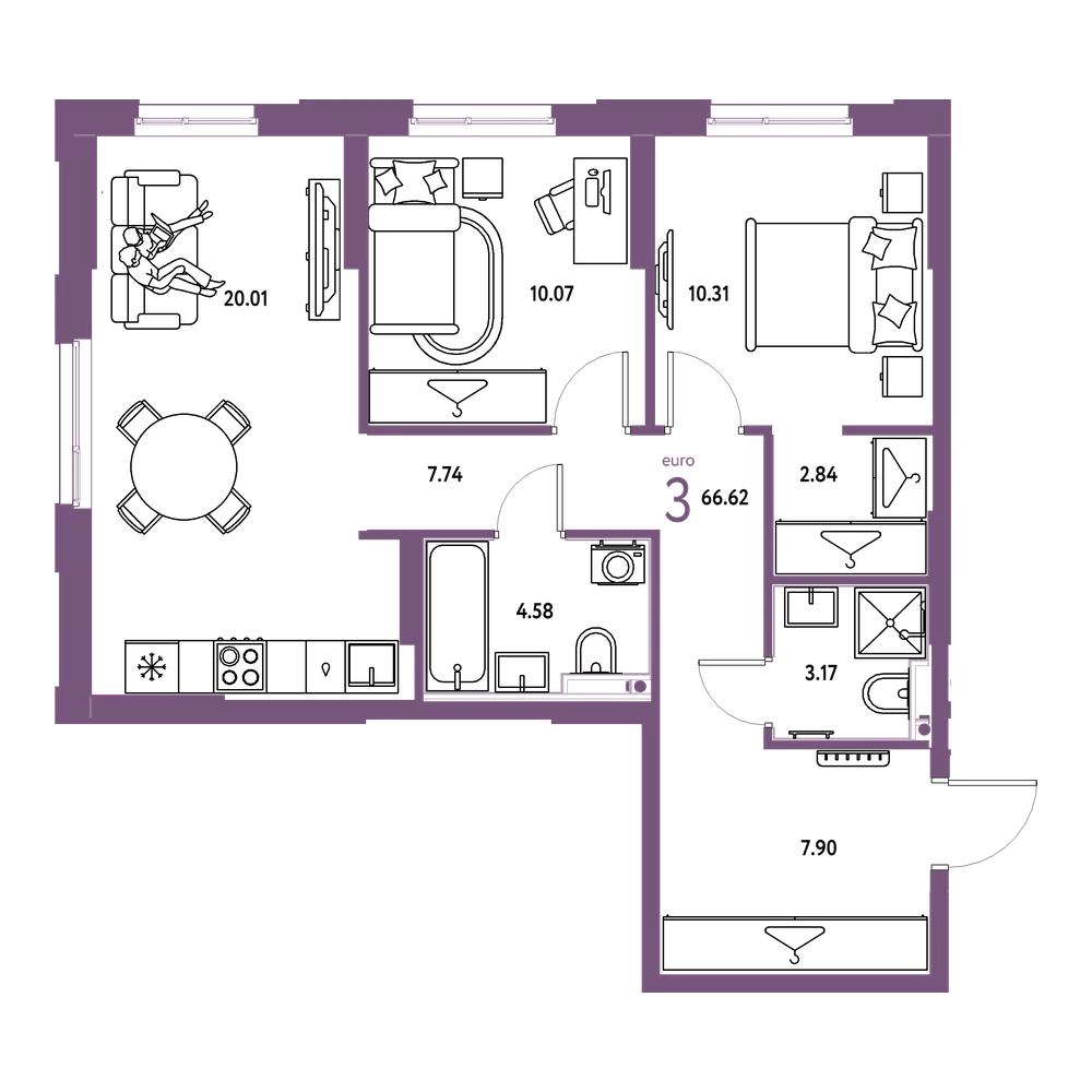 Планировка: Евротрёшка 66,62 м²