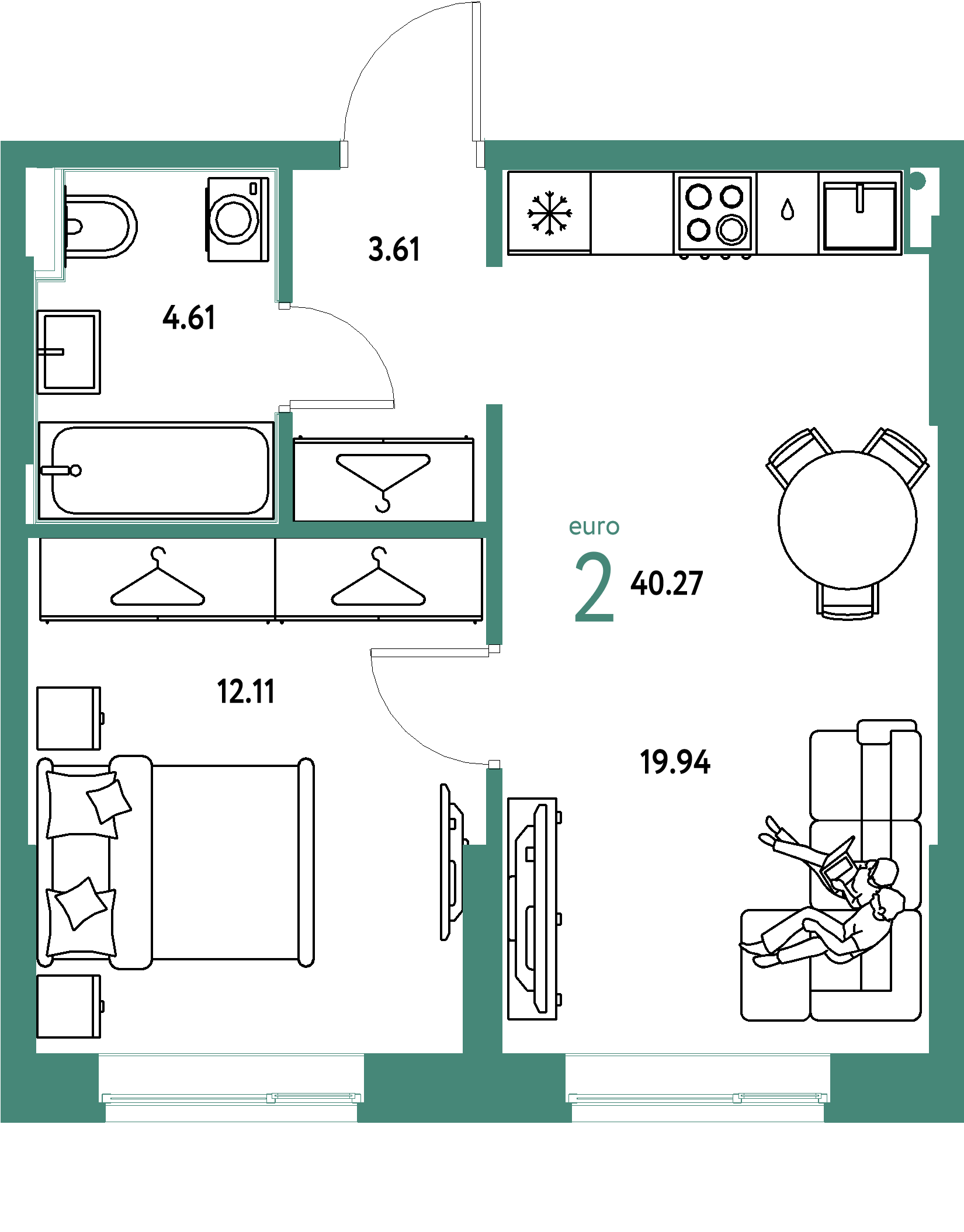 Планировка: Евродвушка 40,27 м² в ЖК «Европейский берег 2.0»