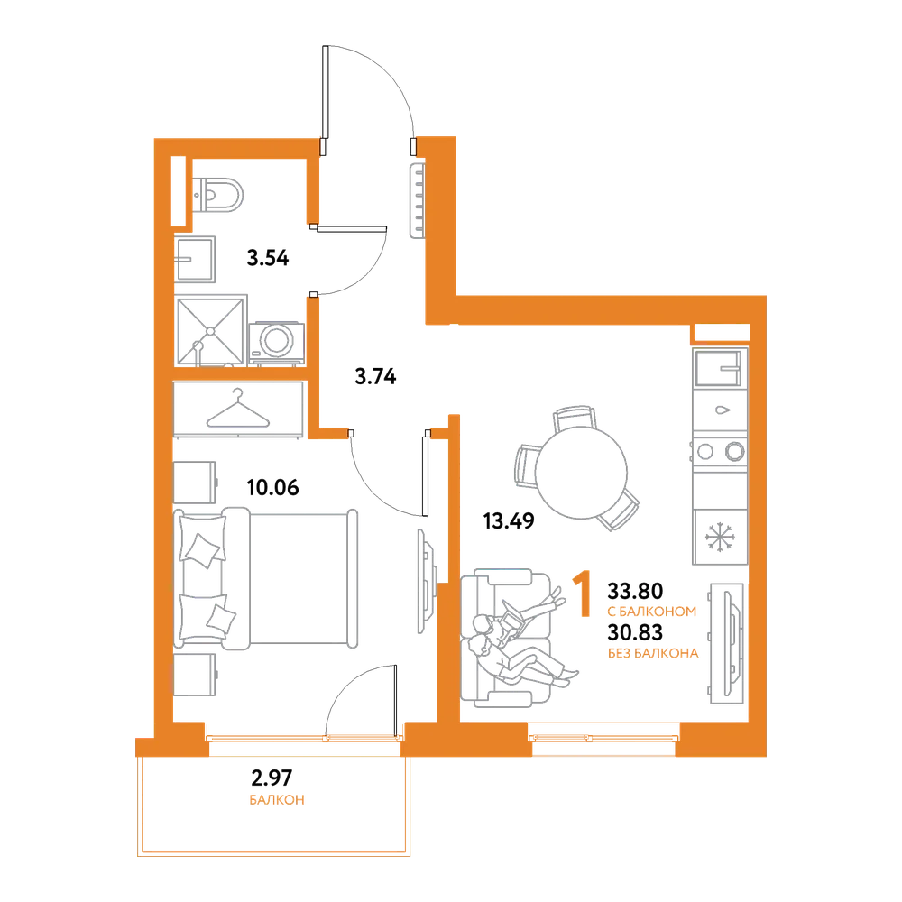 Планировка: 1-комнатная 33,8 м²
