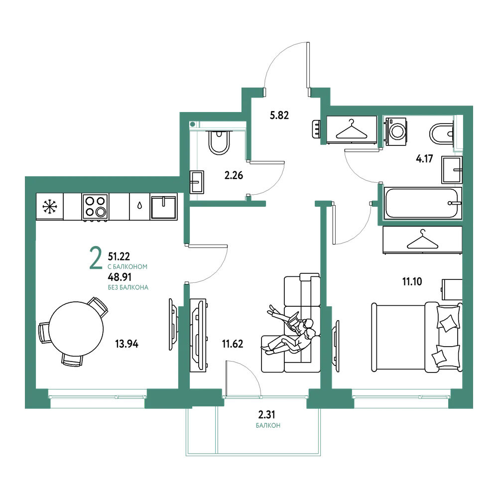 Планировка: 2-комнатная 51,22 м²