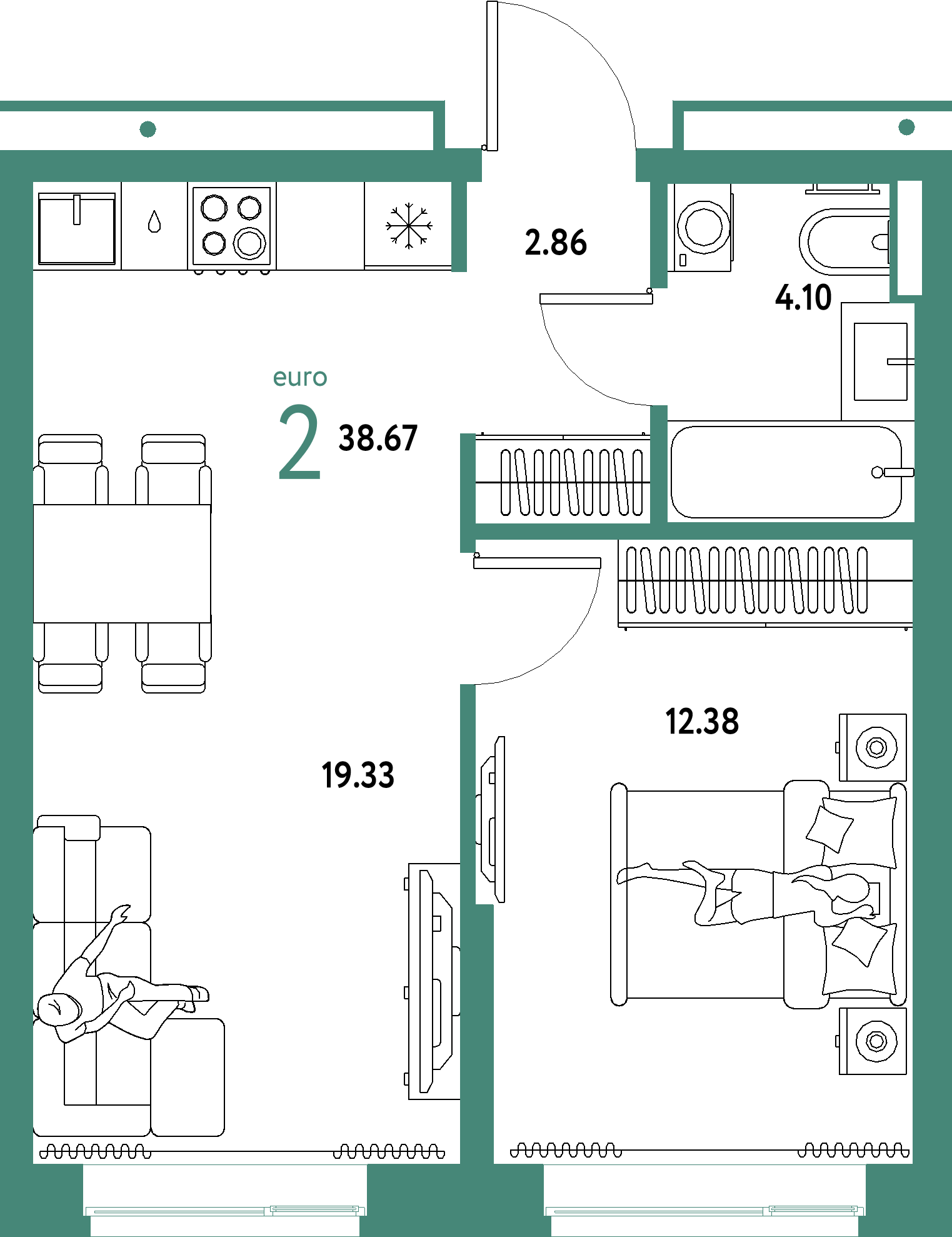 Планировка: Евродвушка 38,67 м² в ЖК «Домашний»