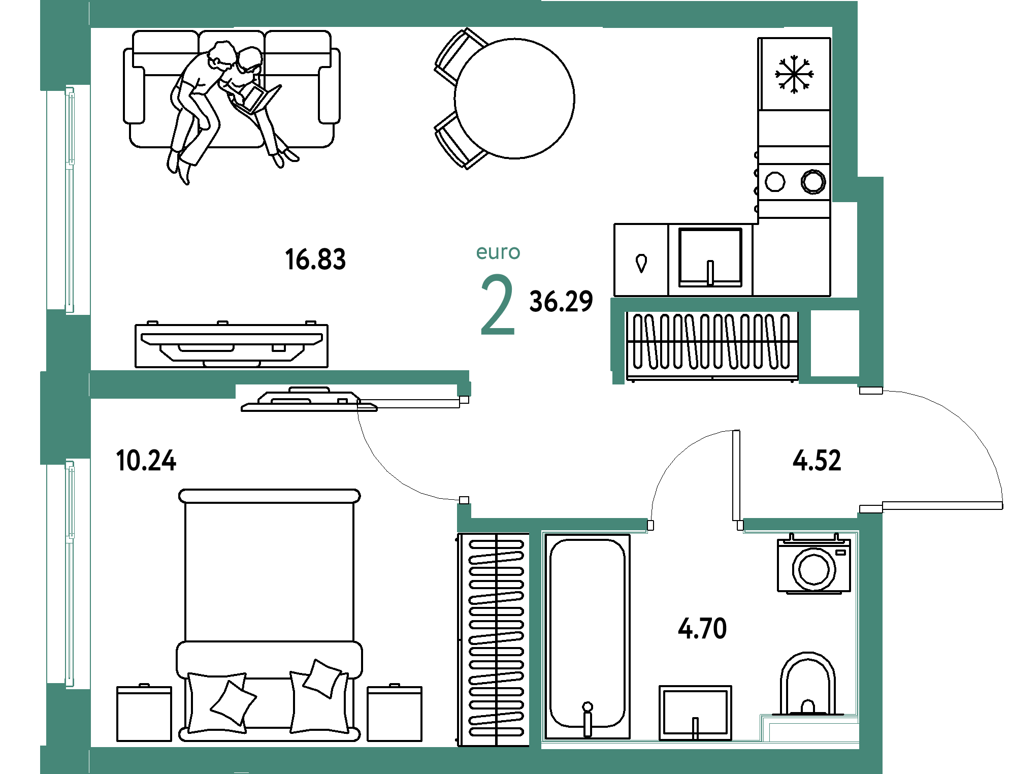 Планировка: Евродвушка 36,29 м² в ЖК «Сердце Сибири»