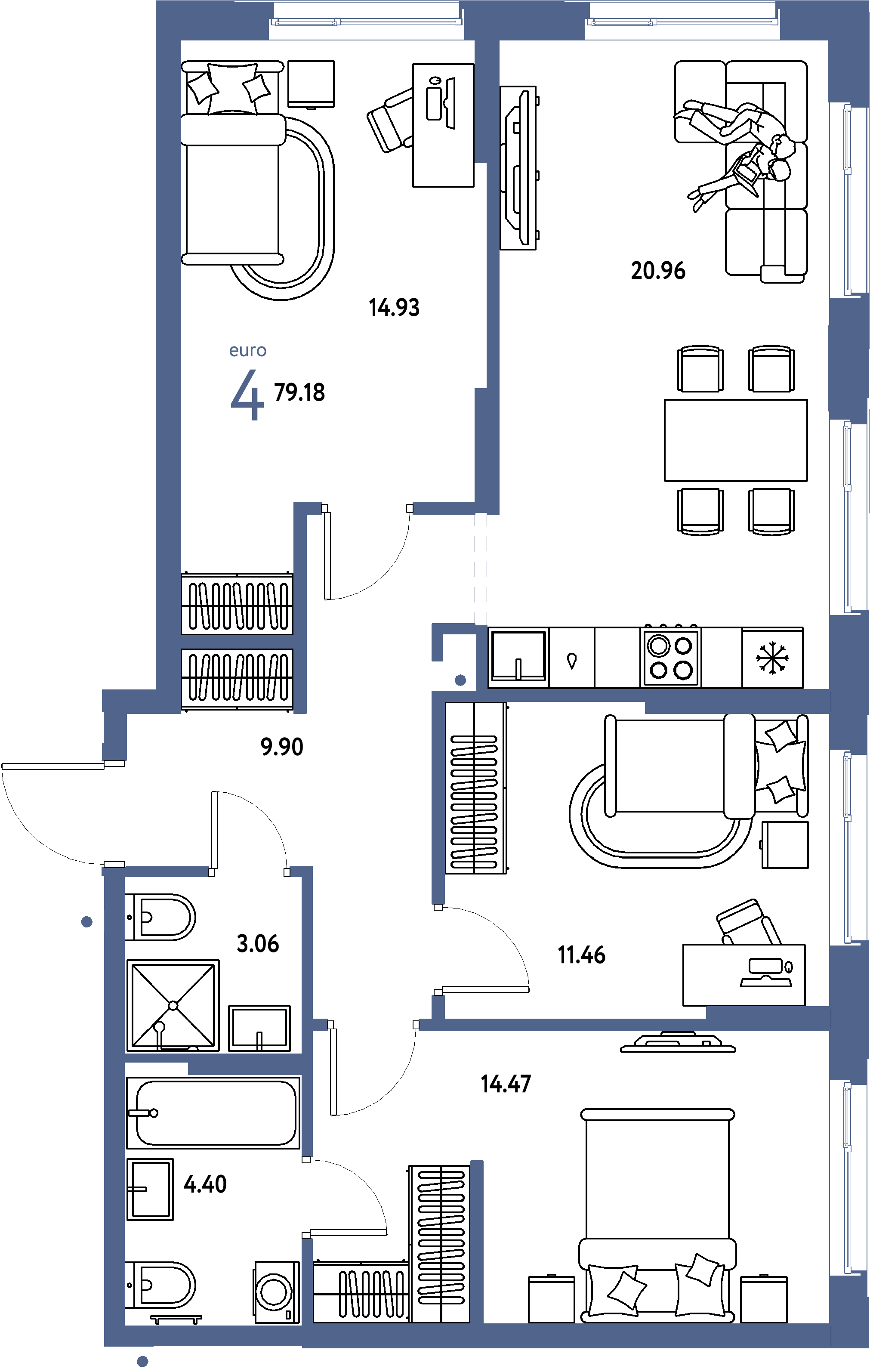 Планировка: Евро-4 79,18 м² в ЖК «Домашний»