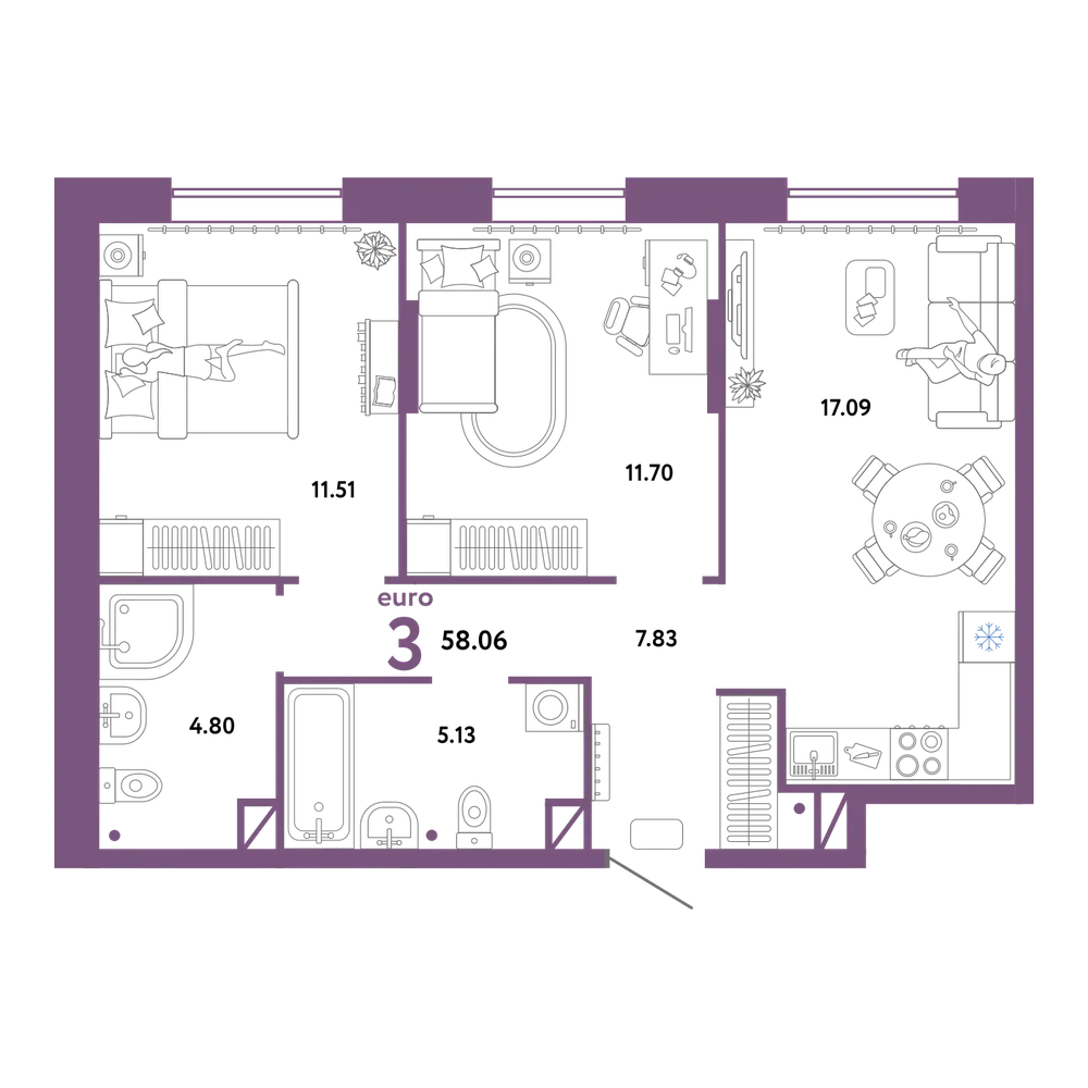 Планировка: Евротрёшка 58,06 м²