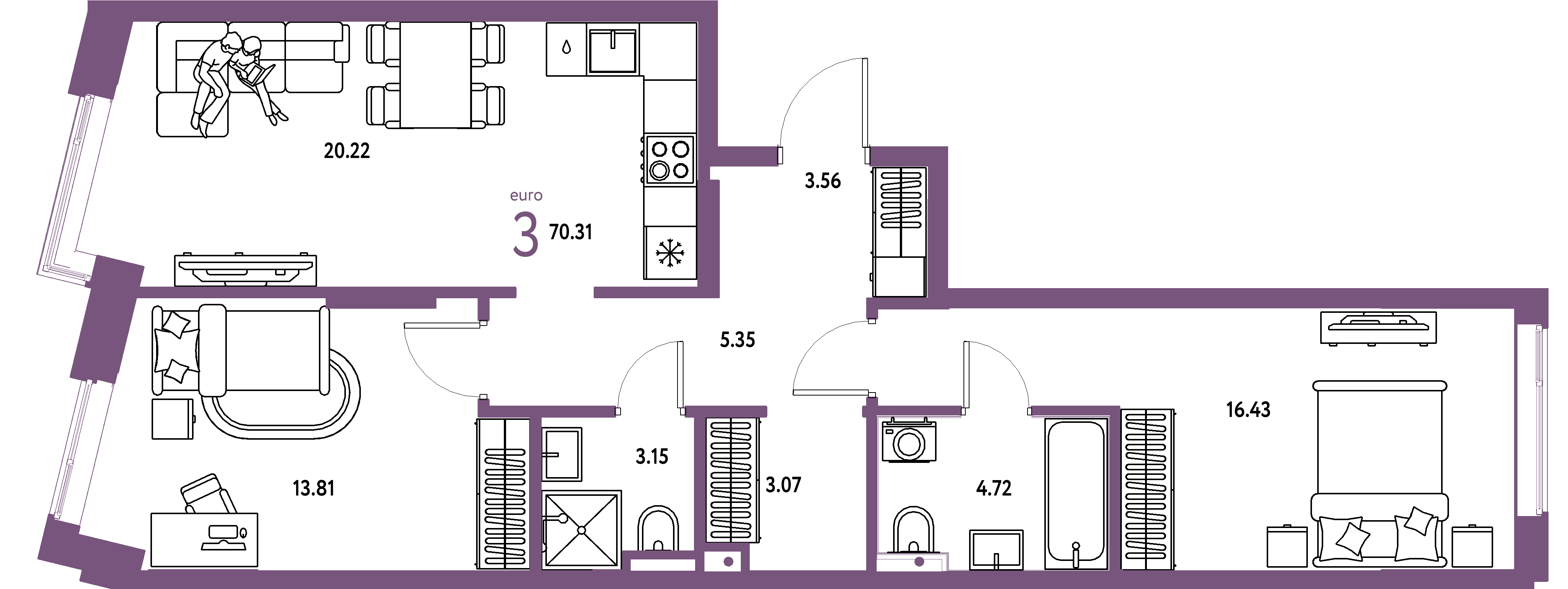 Планировка: Евротрёшка 70,31 м² в ЖК «Остров-сад»
