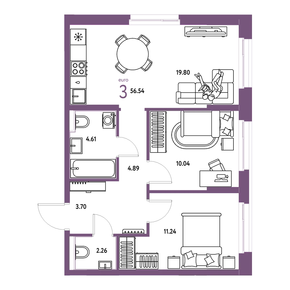 Планировка: Евротрёшка 56,54 м²